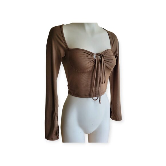 Brown Split Sleeve Keyhole Top by Pretty Garbage S - Picture 2 of 14